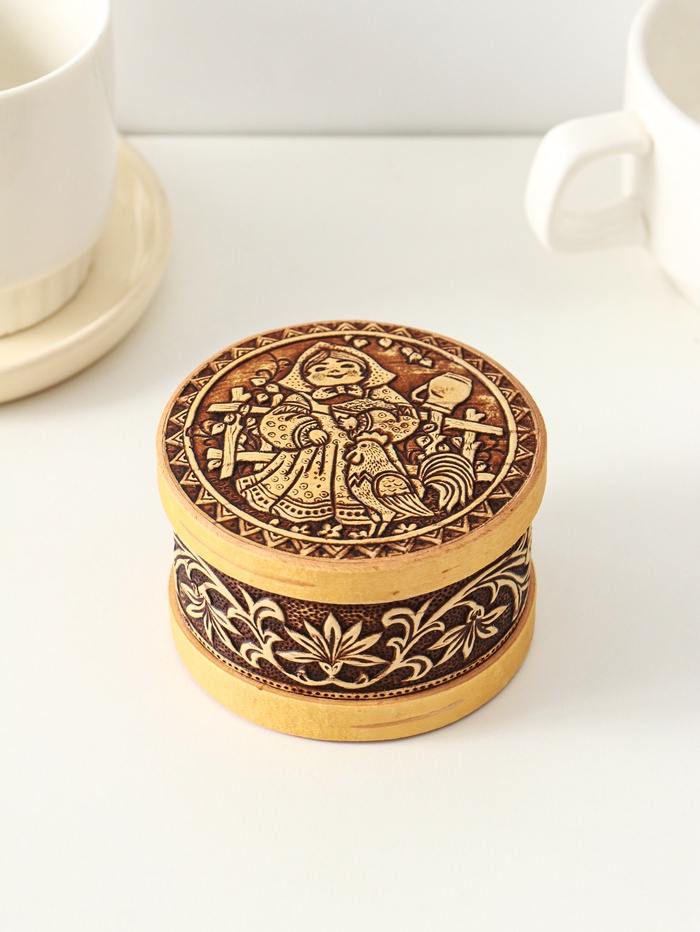 Шкатулка для украшений «Машенька», круглая, 8.5×5 см, береста