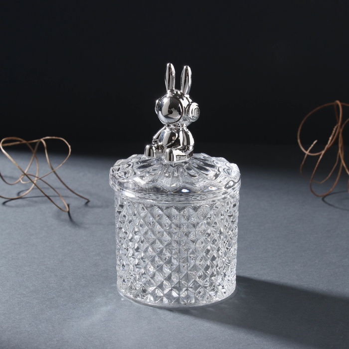 Шкатулка для украшений «Заяц в наушниках. Ромбы», стекло, серебро, 6×6×12 см