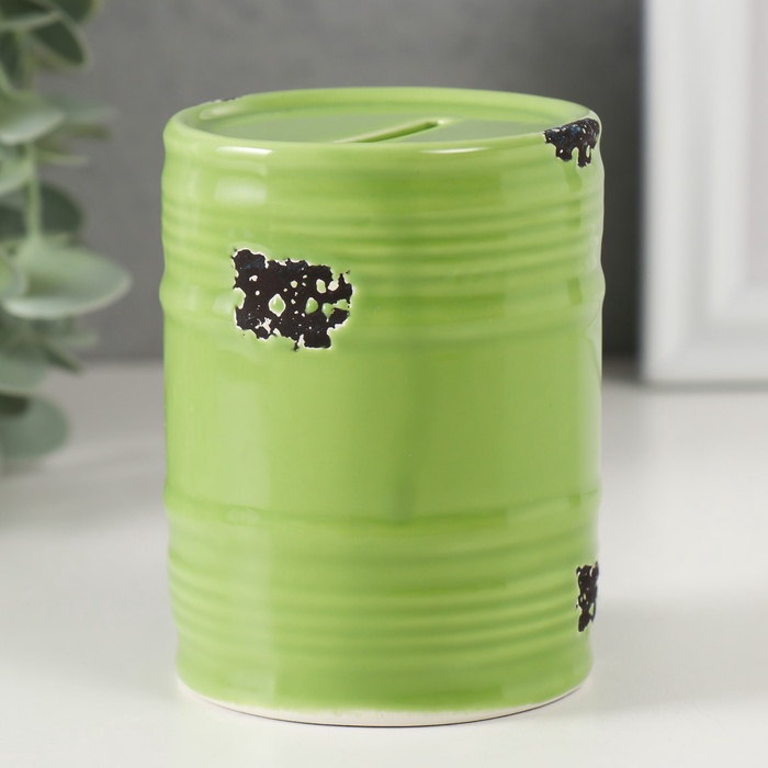 Копилка для денег «Зелёная бочка», керамика, 6.5×6.5×9 см