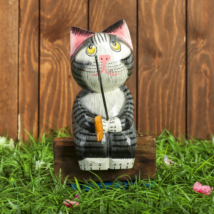 УЦЕНКА Сувенир дерево «Котёнок рыбак» серый 9×9×25 см