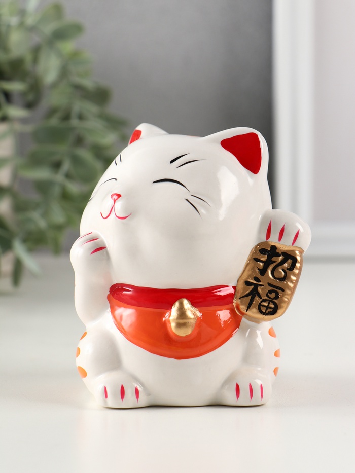 Копилка для денег «Манэки-нэко - иероглиф удача», керамика, оранж, 7.2×8.3×10 см