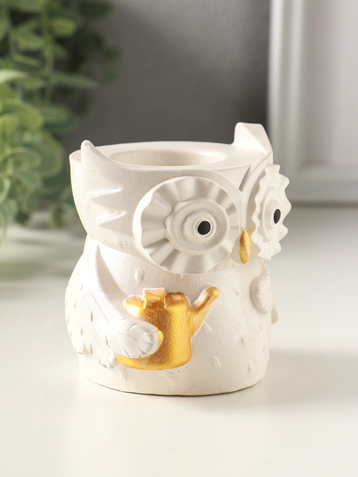 Карандашница сувенирная «Сова с лейкой», 8×8 см, гипс, белый перламутр