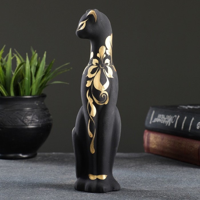 Фигура керамика «Кошка Багира», чёрная, правая, роспись, 5×4×20 см