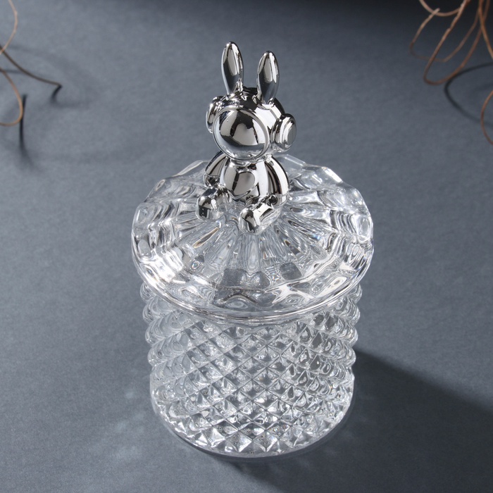 Шкатулка для украшений «Заяц в наушниках. Ромбы», стекло, серебро, 6×6×12 см