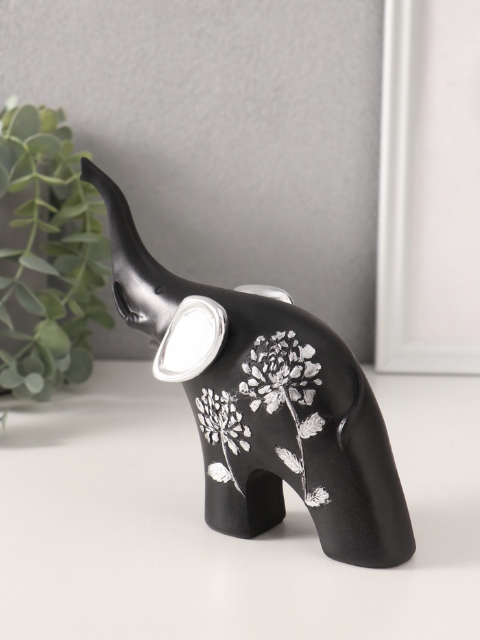 Фигурка «Чёрный слон с серебряными ушками хобот вверх», полистоун, 15×5×14 см