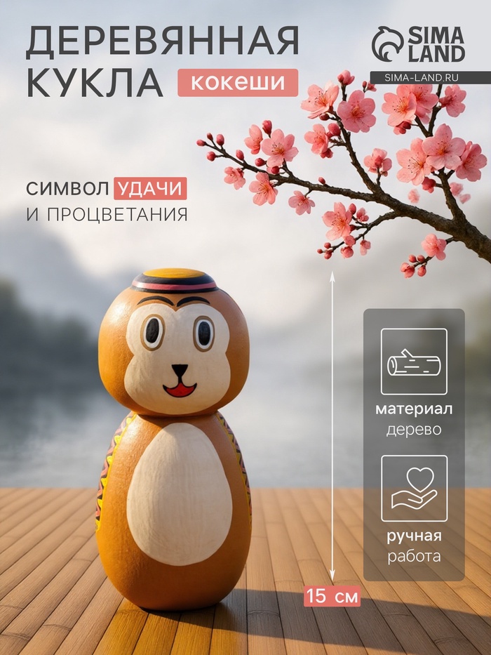 Японская кукла кокеши «Медвежонок», 7×7.5×15 см