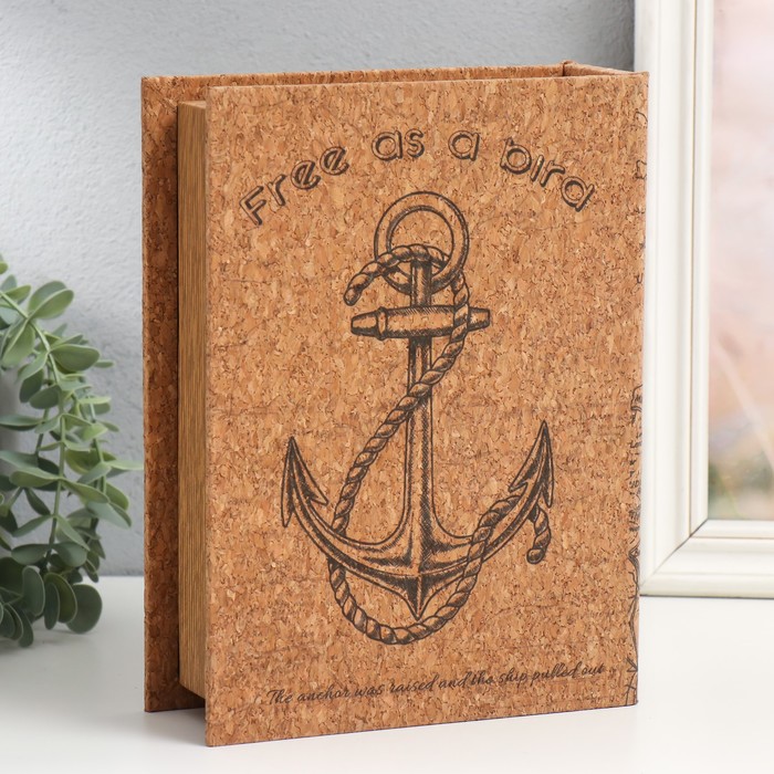 Шкатулка - книга «Якорь», дерево и искусственная кожа под пробку, 6×18×24 см