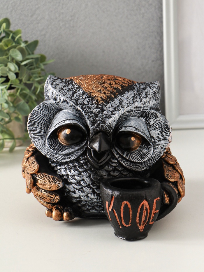 Копилка для денег «Сова с чашкой», гипс, 15×18 см, под бронзу с серебром