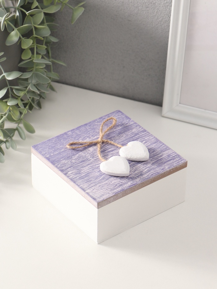 Шкатулка для украшений «Сердечки белые на сиреневом квадрате», дерево, 12×12×5.3 см