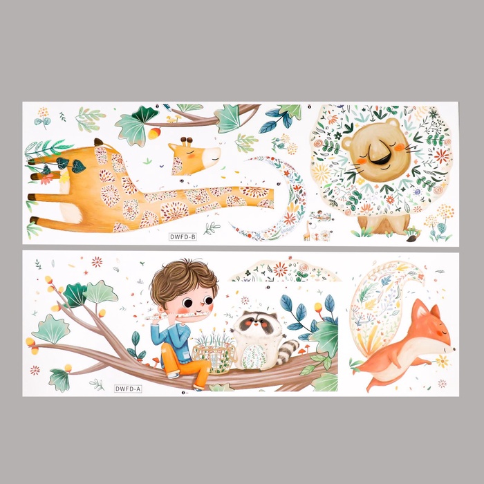 Наклейка интерьерная цветная «Малыш играет на флейте зверям», 30×90 см, набор 2 листа
