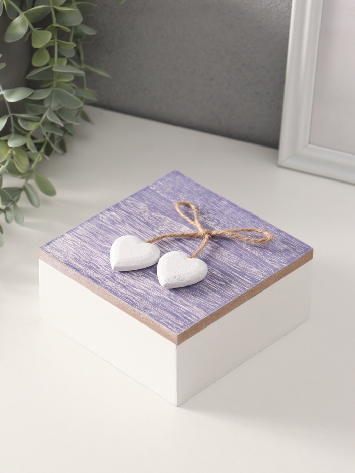 Шкатулка для украшений «Сердечки белые на сиреневом квадрате», дерево, 12×12×5.3 см