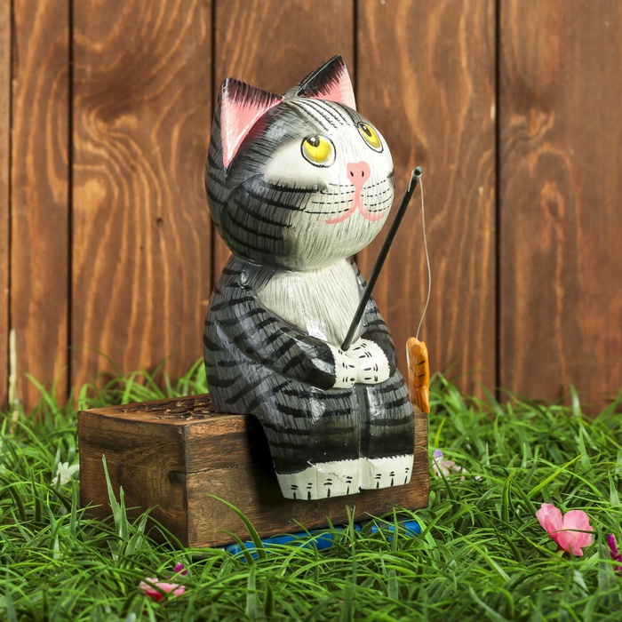 УЦЕНКА Сувенир дерево «Котёнок рыбак» серый 9×9×25 см