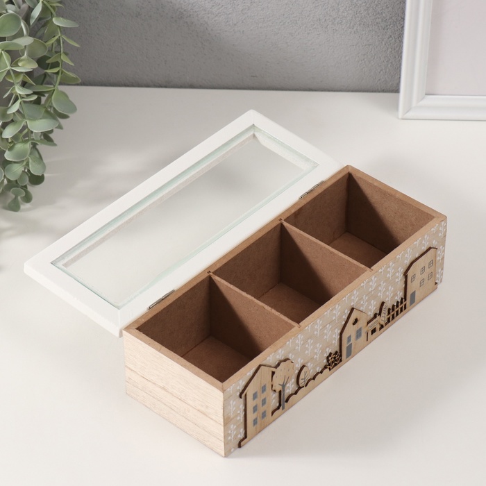 Шкатулка для чая 3 деления «Домики и деревья», дерево, 9×23.4×7.2 см