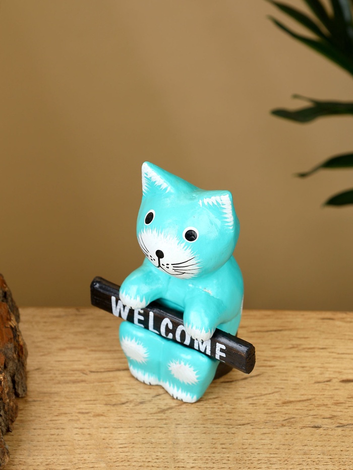 Сувенир «Кот с табличкой WELCOME», 8×4×10 см, дерево, бирюзовый