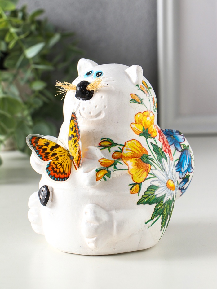Копилка для денег «Кот с букетом», гипс, 13.5×11×13.5 см