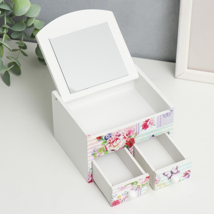 Шкатулка для украшений «Бабочки и розы», с зеркалом, дерево, 10.5×10.8×7 см