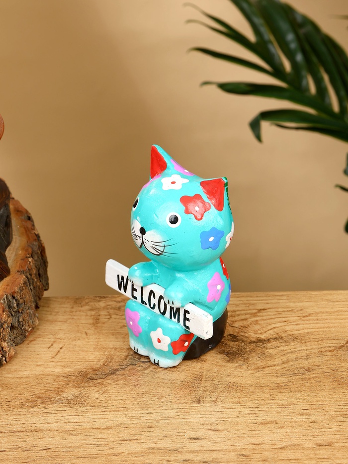 Сувенир «Кот с табличкой WELCOME», 8×5×10 см, дерево, бирюзовый