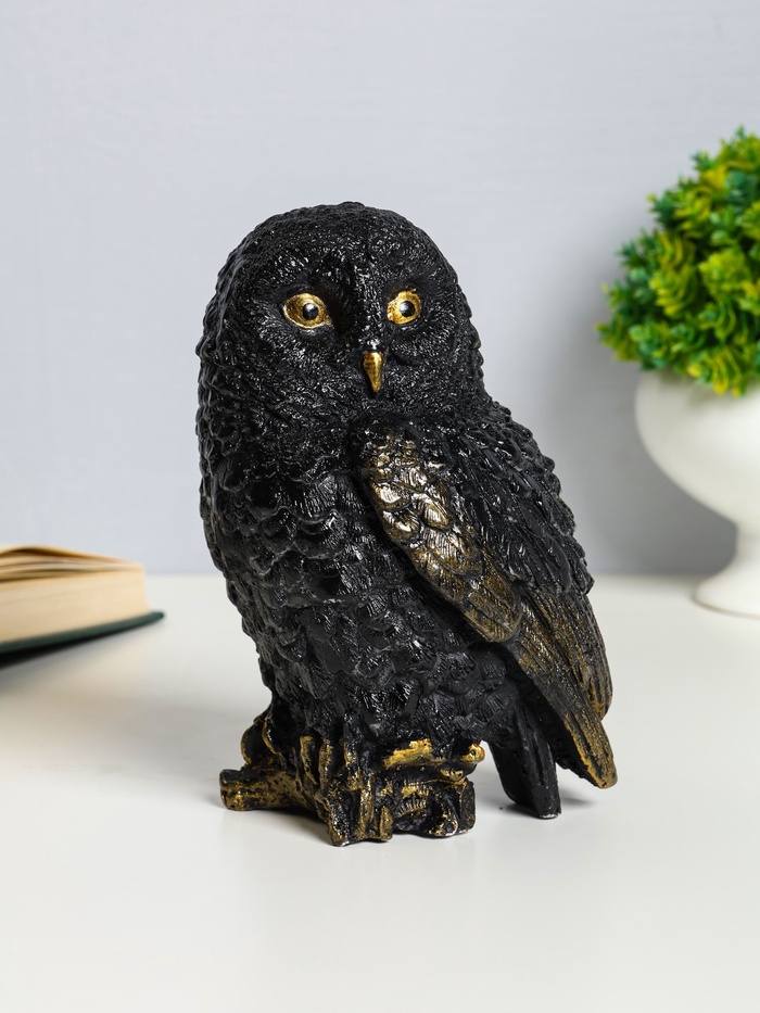 Фигурка гипс «Сова на пеньке», 14×9×10 см, чёрная