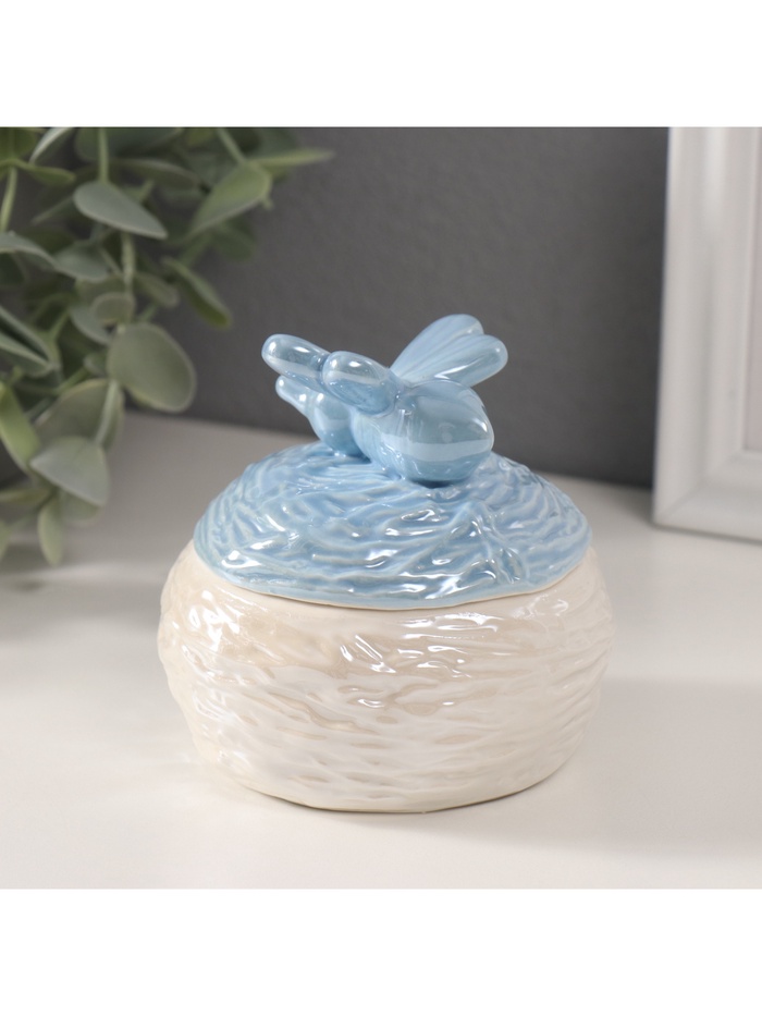 Шкатулка для украшений «Пчёлка на улье», керамика, голубой перламутр, 8.5×8.5×8 см