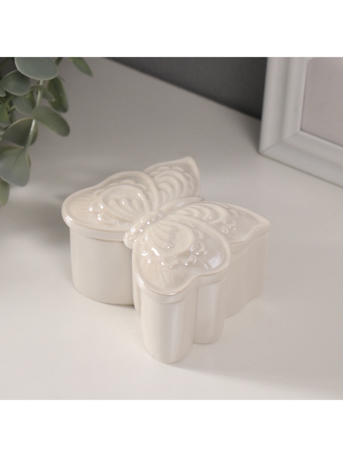 Шкатулка для украшений «Бабочка фигурная», керамика, белый перламутр, 7.3×7.3×4.5 см