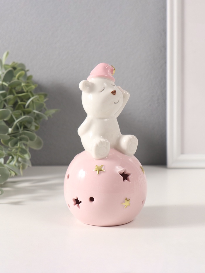 Фигурка светящаяся «Медвежонок в розовом колпаке на шаре со звёздами», керамика, 8×8×15 см