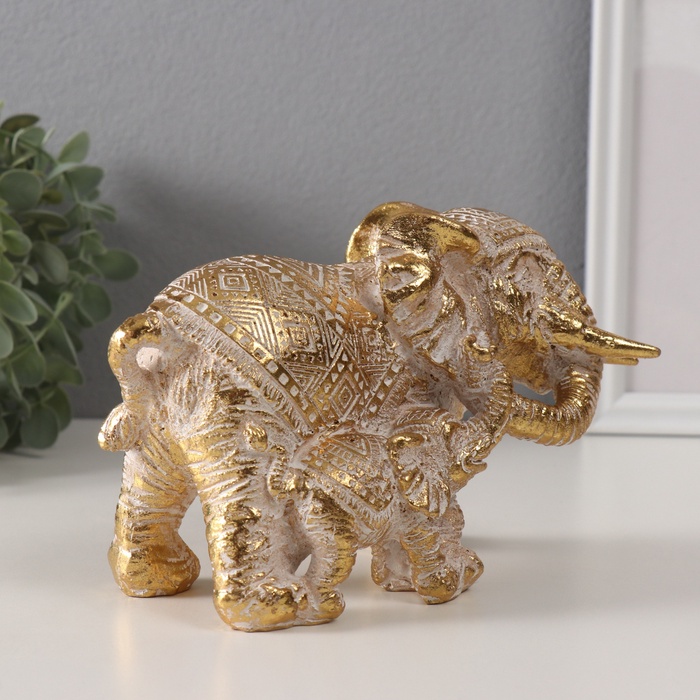 Фигурка полистоун «Слон с малышом», узоры золото, 19.5×9×12 см