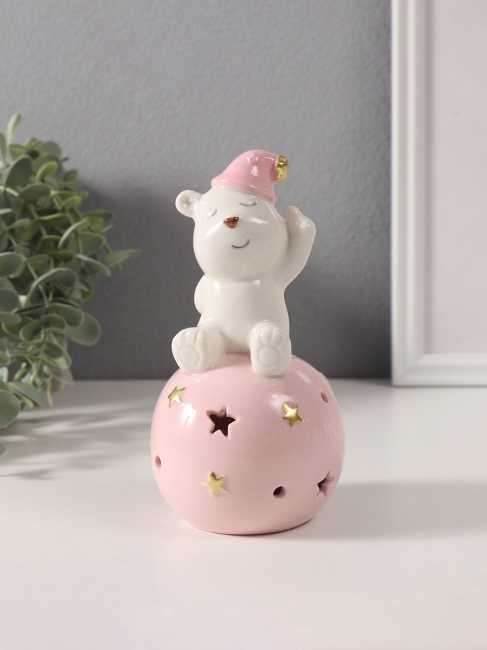 Фигурка светящаяся «Медвежонок в розовом колпаке на шаре со звёздами», керамика, 8×8×15 см