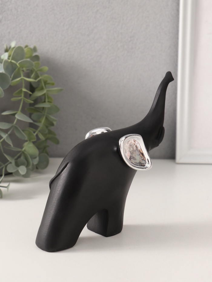 Фигурка «Чёрный слон с серебряными ушками хобот вверх», полистоун, 15×5×14 см