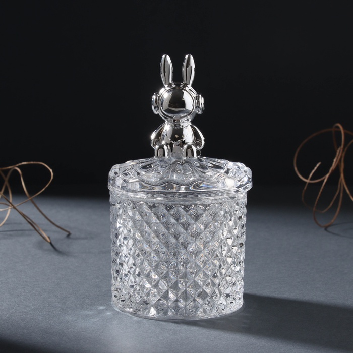Шкатулка для украшений «Заяц в наушниках. Ромбы», стекло, серебро, 6×6×12 см