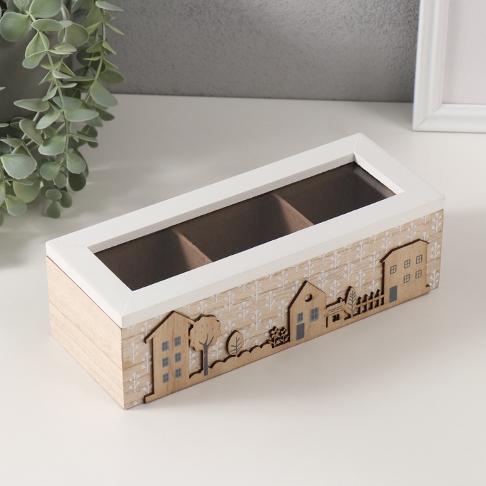 Шкатулка для чая 3 деления «Домики и деревья», дерево, 9×23.4×7.2 см
