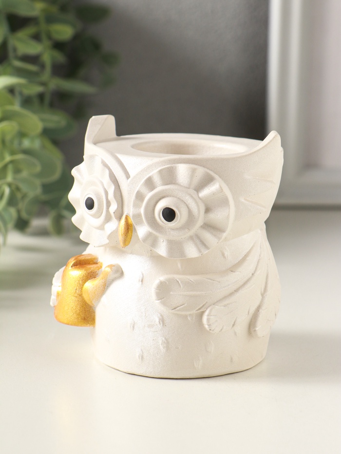 Карандашница сувенирная «Сова с лейкой», 8×8 см, гипс, белый перламутр