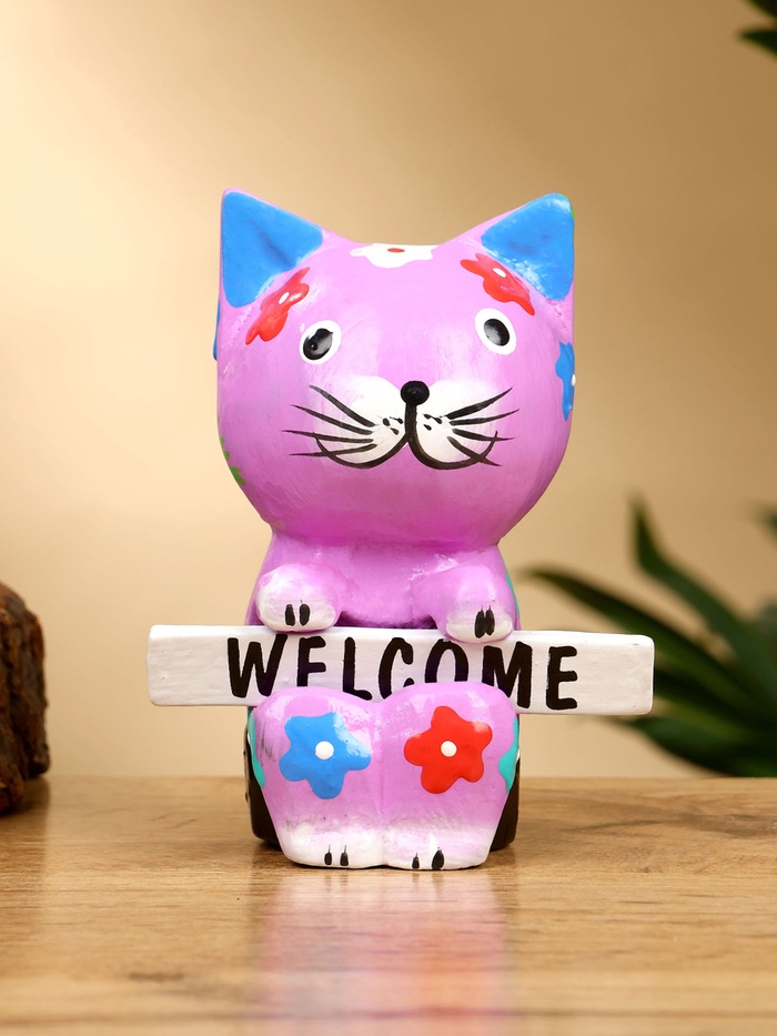 Сувенир «Кот с табличкой WELCOME», 8×5×10 см, дерево, сиреневый
