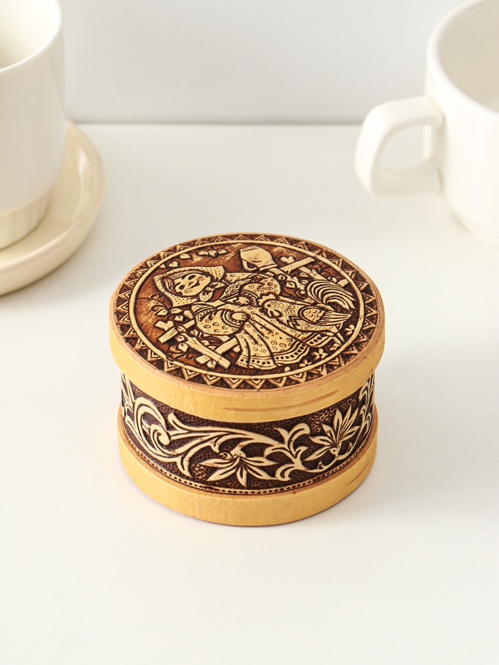 Шкатулка для украшений «Машенька», круглая, 8.5×5 см, береста