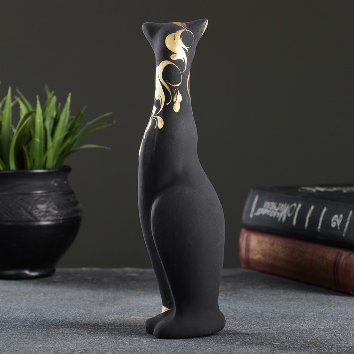 Фигура керамика «Кошка Багира», чёрная, правая, роспись, 5×4×20 см