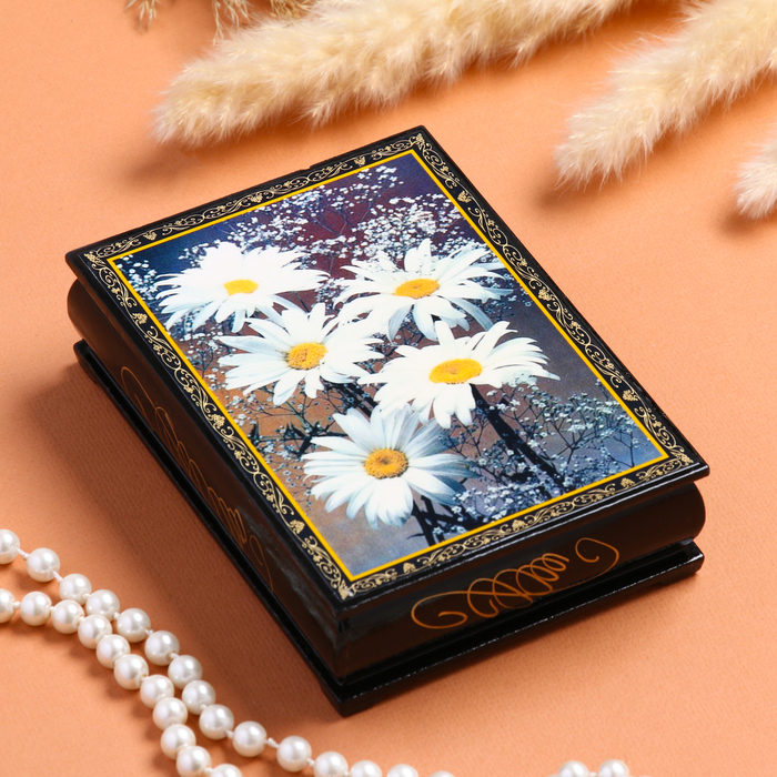 Шкатулка для украшений «Герберы», 10×14 см, лаковая миниатюра