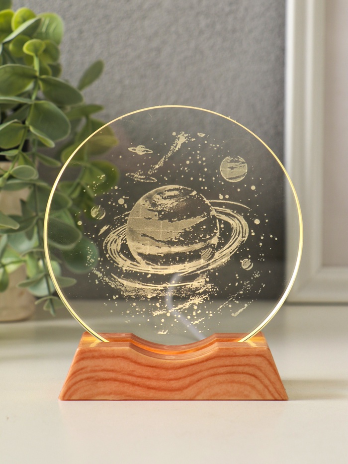 Световая фигурка стекло «Диск. Голограмма: Сатурн», 5×LED, d=10 см, USB, 10×4×11.4 см