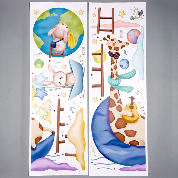 Наклейка интерьерная цветная «Зверята - путешествие по небу», 30×90 см, набор 2 листа