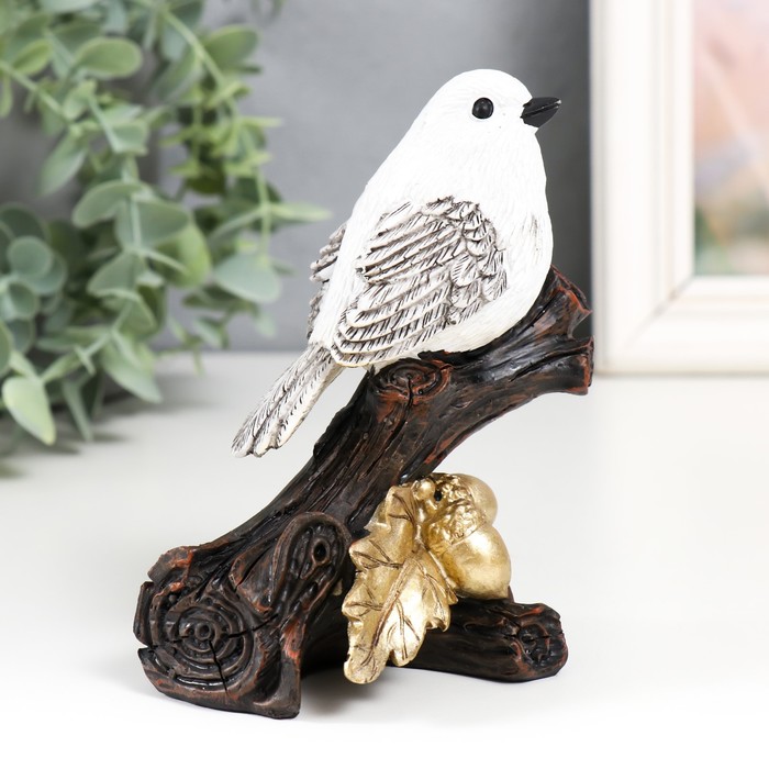 Фигурка полистоун «Белая птичка на ветке жёлудя», под золото, 9×5.5×13 см