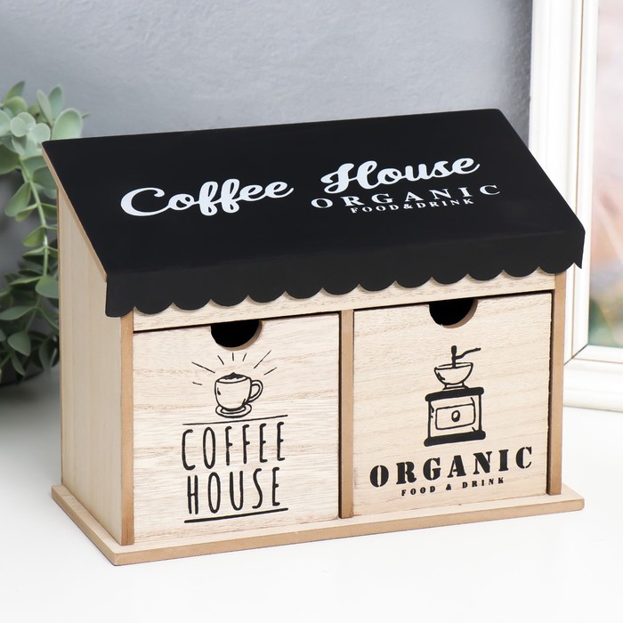 Шкатулка для украшений 2 ящика «Кофейный домик», дерево, 10.5×23.5×18 см