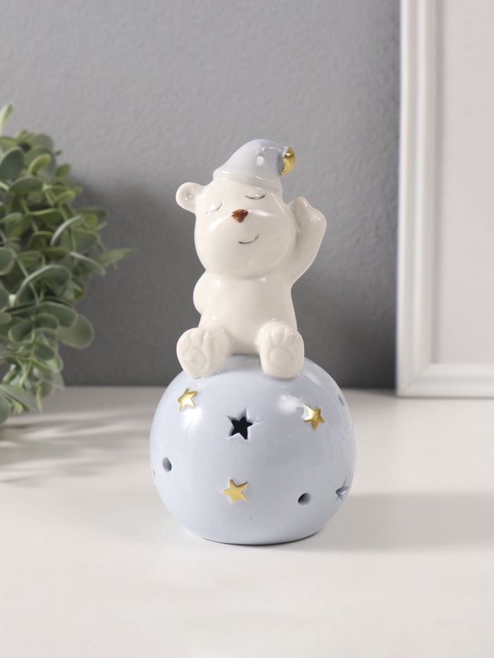 Фигурка светящаяся «Медвежонок в голубом колпаке на шаре со звёздами», керамика, 8×8×15 см