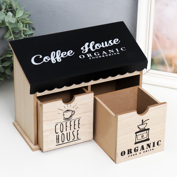 Шкатулка для украшений 2 ящика «Кофейный домик», дерево, 10.5×23.5×18 см