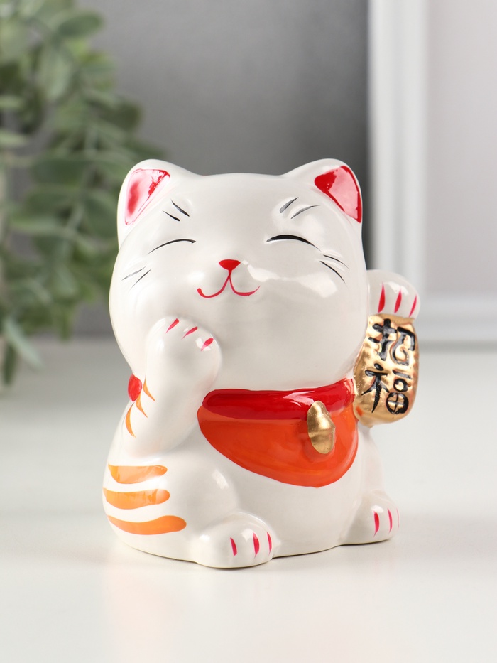 Копилка для денег «Манэки-нэко - иероглиф удача», керамика, оранж, 7.2×8.3×10 см