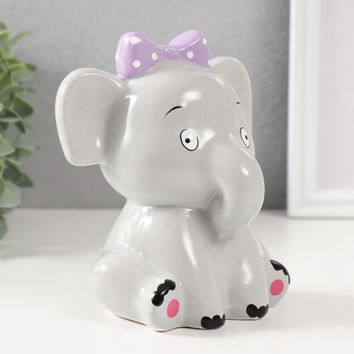 Копилка для денег «Серый слонёнок с бантом», керамика, 12.4×9.9×14.2 см
