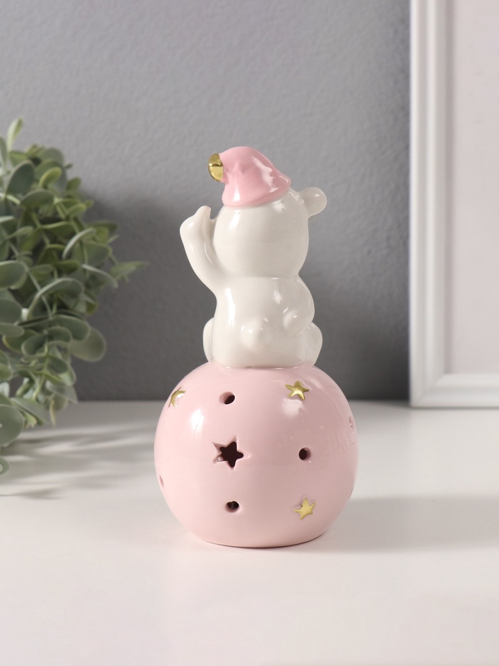 Фигурка светящаяся «Медвежонок в розовом колпаке на шаре со звёздами», керамика, 8×8×15 см