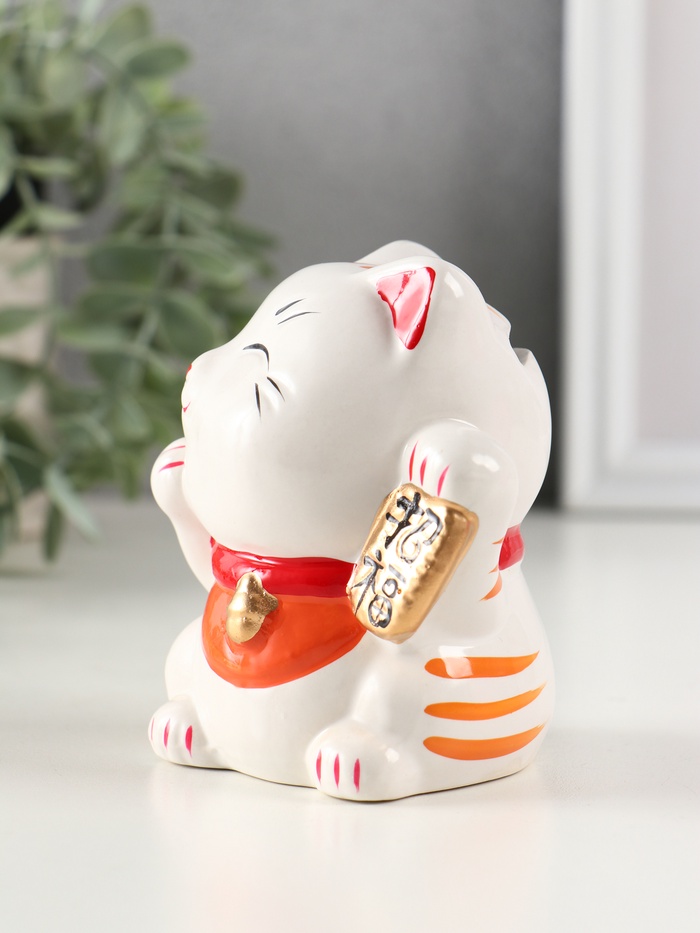 Копилка для денег «Манэки-нэко - иероглиф удача», керамика, оранж, 7.2×8.3×10 см