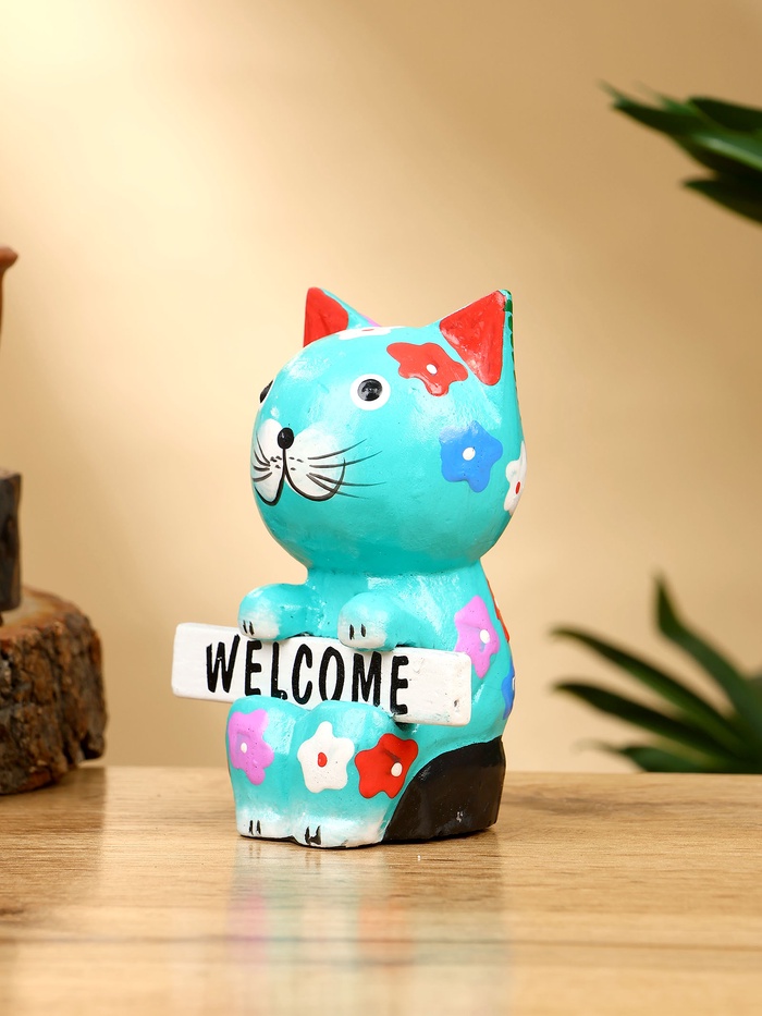 Сувенир «Кот с табличкой WELCOME», 8×5×10 см, дерево, бирюзовый