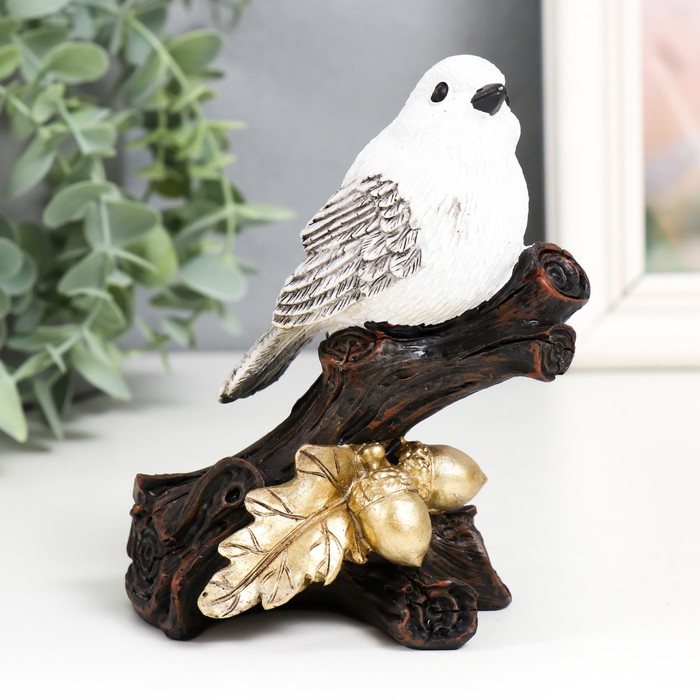 Фигурка полистоун «Белая птичка на ветке жёлудя», под золото, 9×5.5×13 см