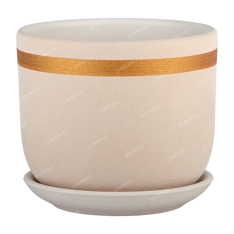 Горшок Бук Замша 0,8л d12 золото белый с поддоном (уп.16)