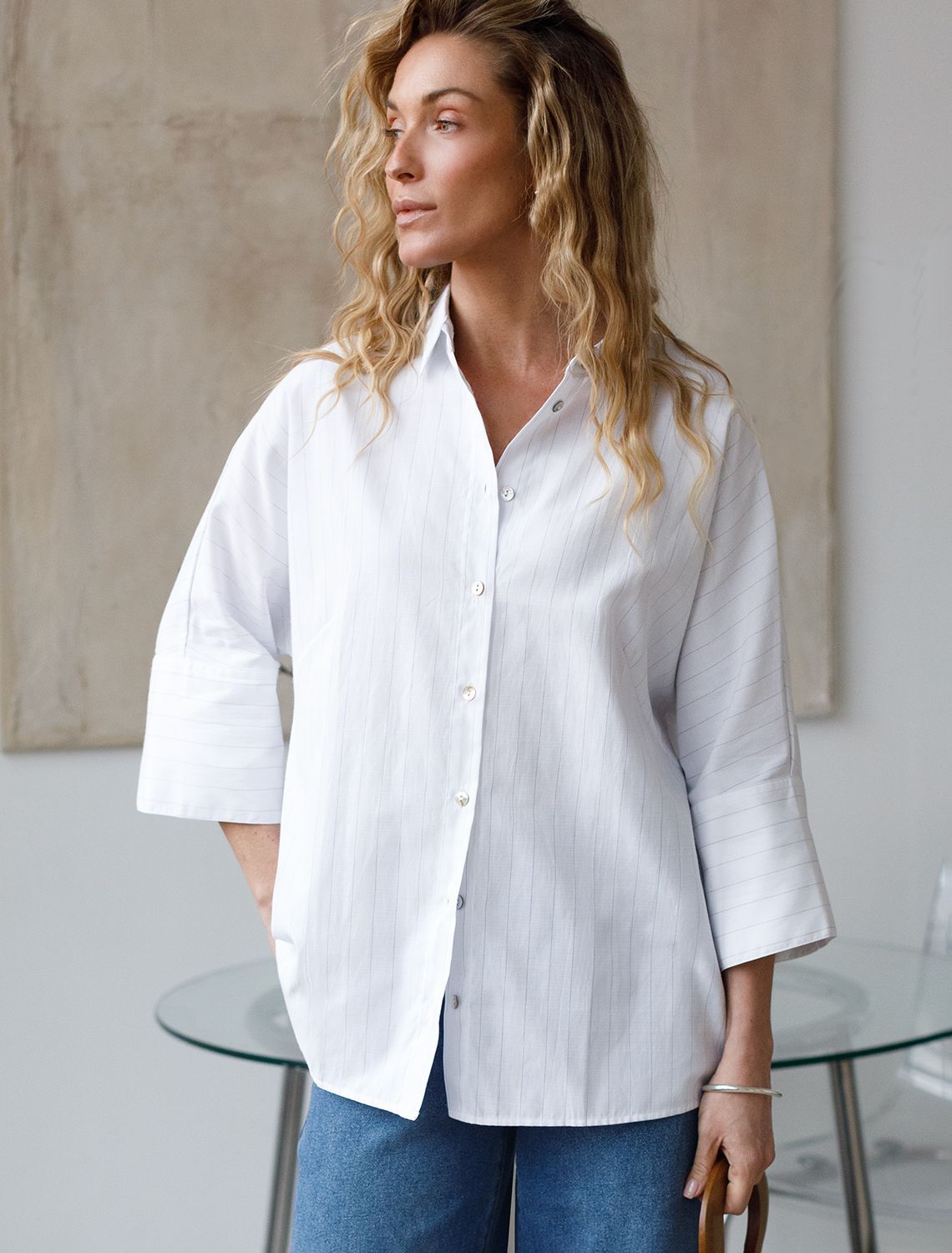 Блузка в полоску с цельнокроеным рукавом 3/4 из эластичного хлопка с добавлением льна