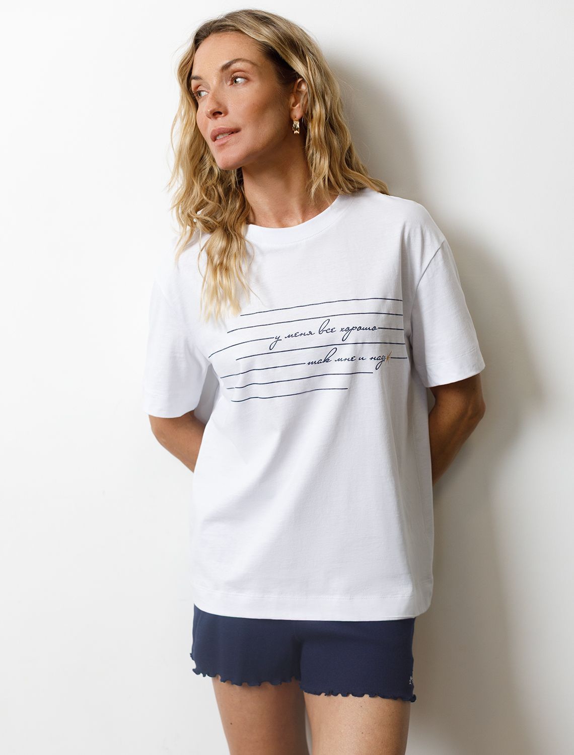 Футболка с принтом свободная из премиального 100% хлопка D49.158 белый_все_хорошо